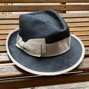 Nordstrom Black Woven fedora Hat with Tan ribbon Band Italy 💯 paper cap